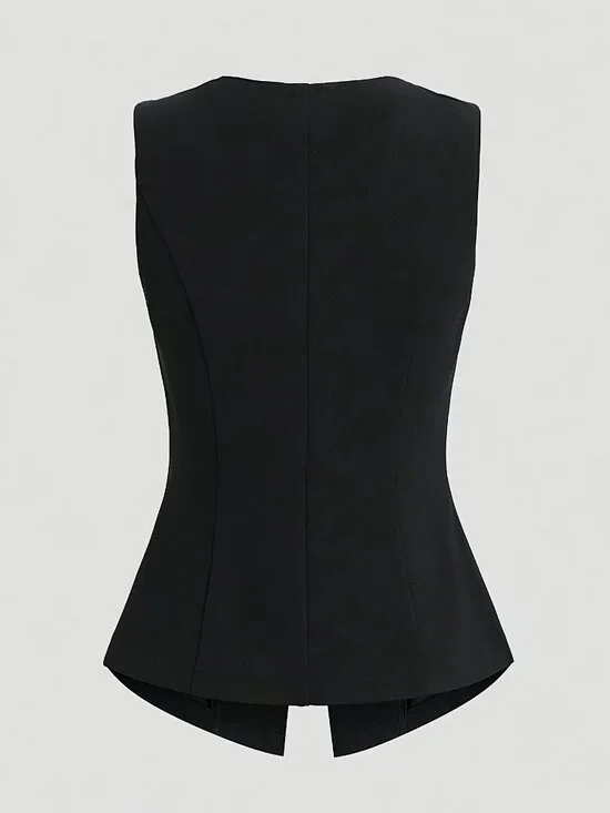 Black French Style Sleeveless Blazer Vest – Gold Button Elegant Top - Picture 3 of 4